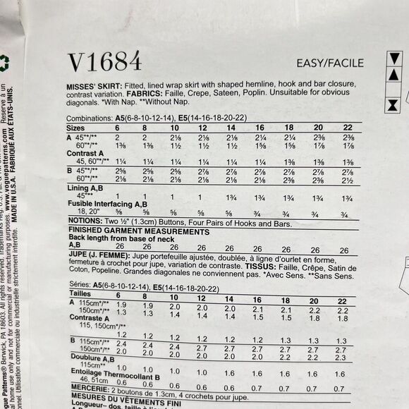 Vogue Sewing Pattern V1684 A5 Pencil Wrap Skirt Statement Front 6 8 10 12 14 - Picture 6 of 7